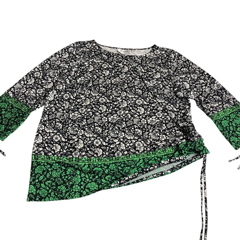 Linea by Louis Dell'Olio Top Large Floral Ruched Sleeve Liquid Knit Artsy Boho